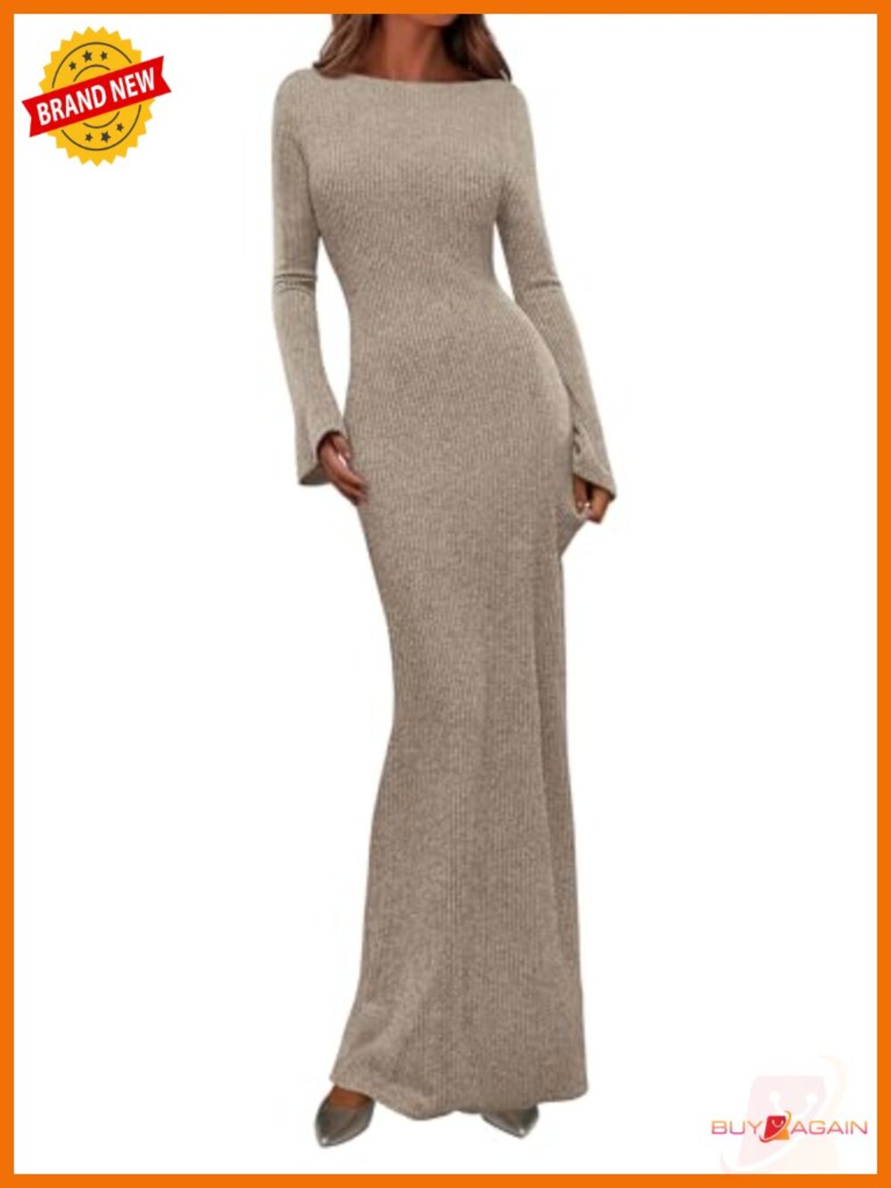 Women's Ribbed Knit Bodycon Maxi Dress Long Bell Sleeve Boat Neck